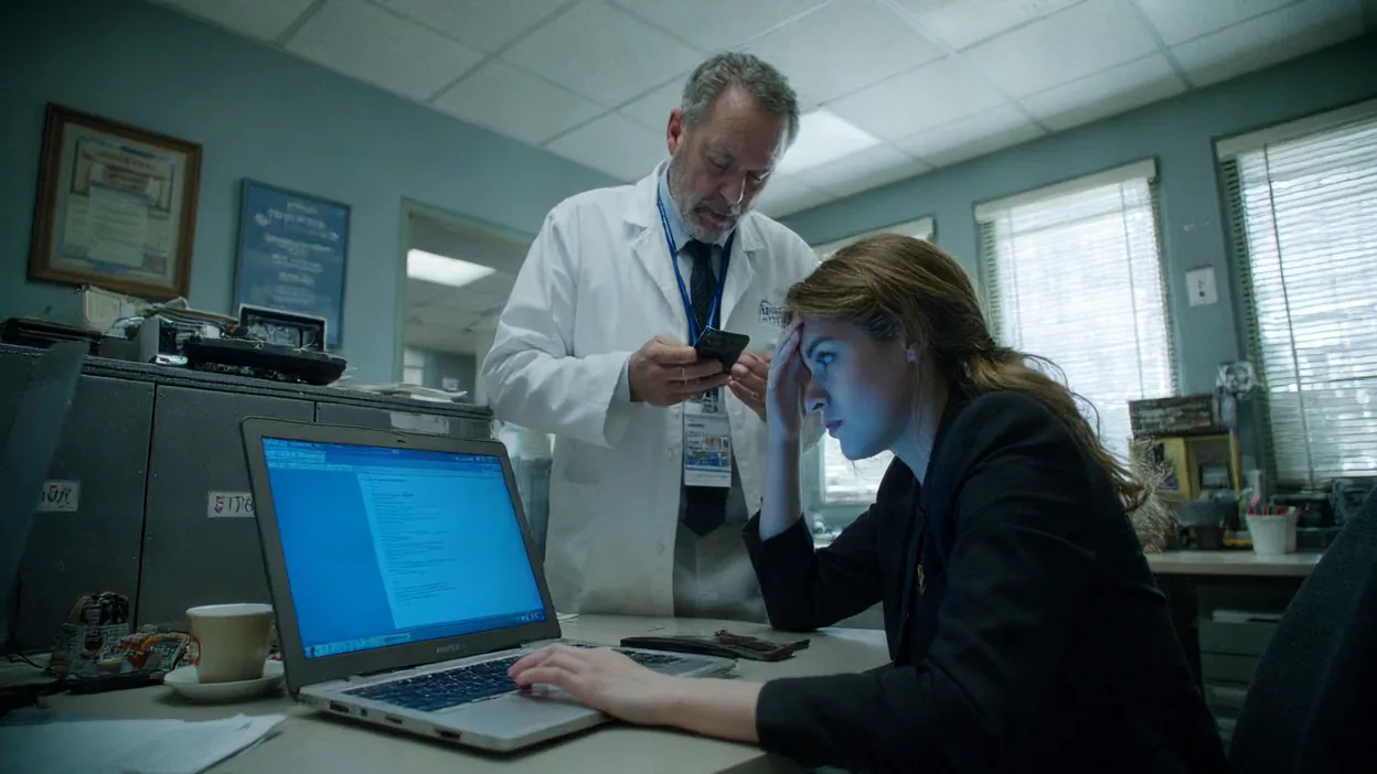 An office worker holds her head in front of a laptop showing a blue screen while an IT technician reads from his phone behind her.