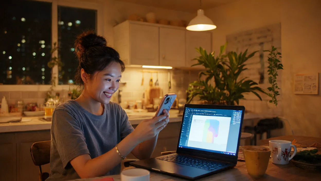 A developer smiles at her phone at a kitchen table at night, a laptop open beside her.