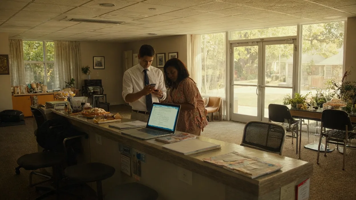Two people check a phone at the front desk of an empty office during a weekend cutover, a laptop open beside them.