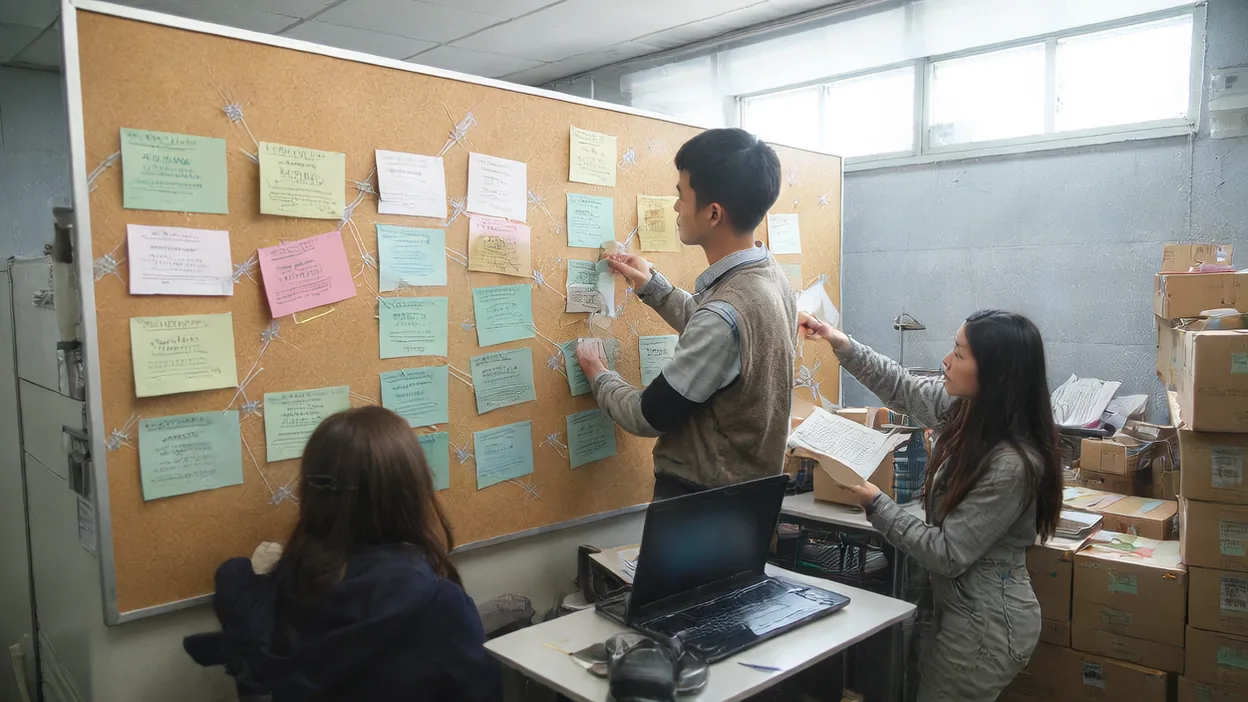 Two IT staff arrange colored index cards on a large corkboard while a colleague works at a laptop below.