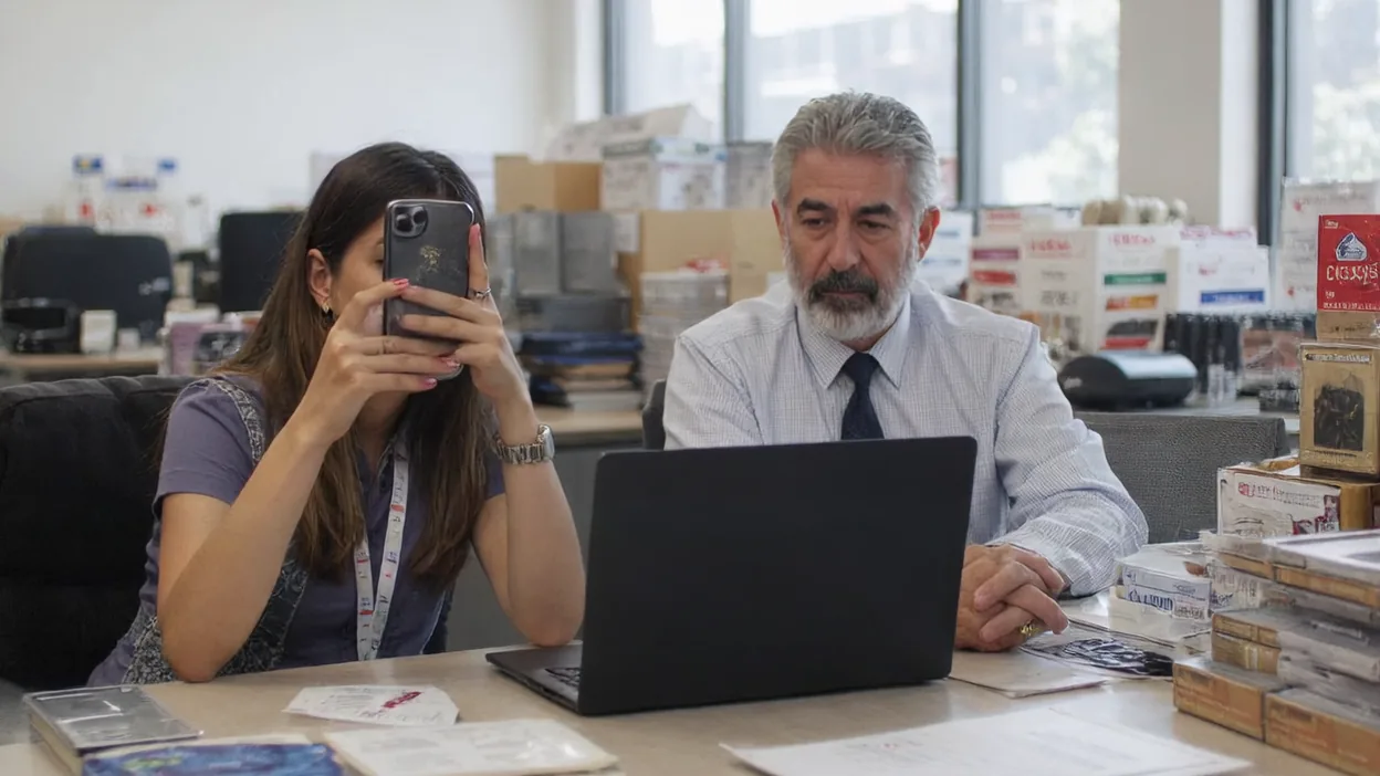 A woman holds her phone up in front of her face while a gray-bearded colleague in a tie looks at a laptop in a busy office.