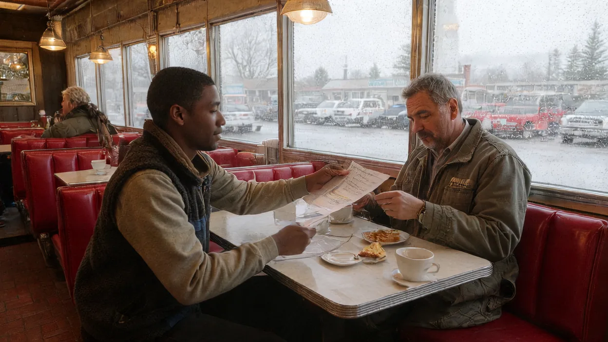 An IT consultant and a business owner go over a printed proposal in a diner booth on a rainy day.