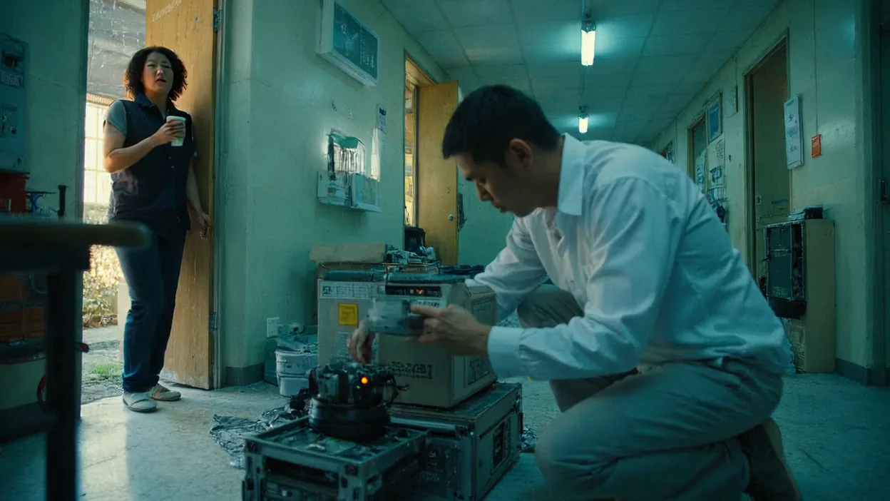 A technician kneels to restore a server from backup in a back room while the business owner watches from the doorway.